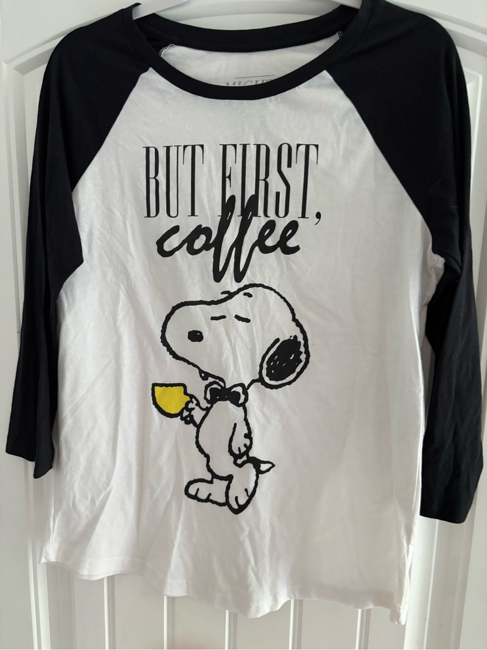 Mighty Fine Black & White Raglan 'But First, Coffee' Snoopy Tee